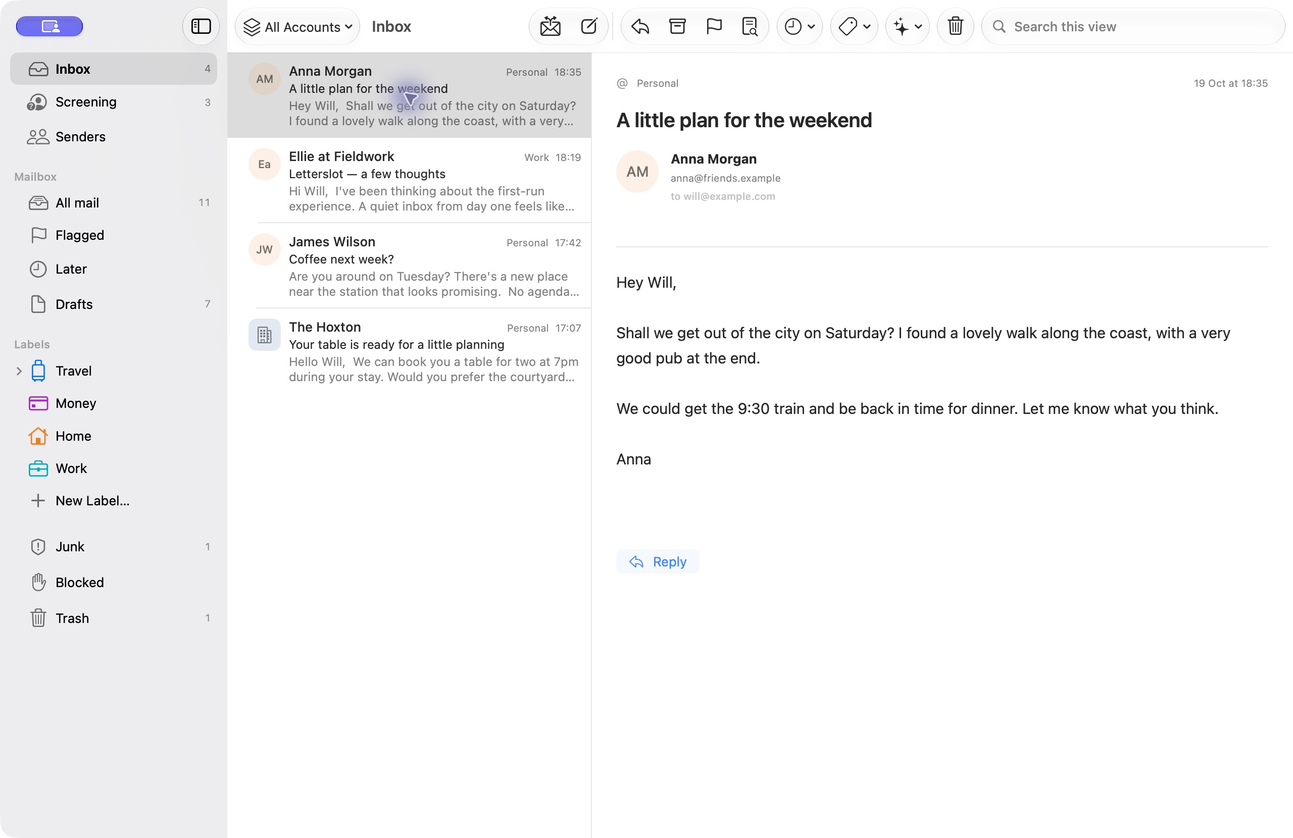 Letterslot Mac app showing the account menu, Inbox, nested sidebar labels and an open sample conversation.